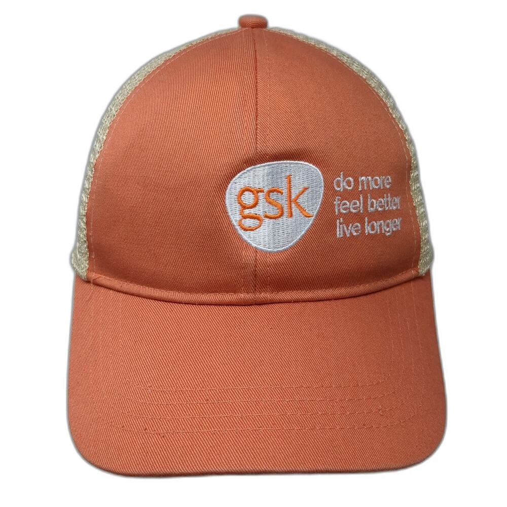 econscious Trucker Hat Orange Beige One Size Mesh Back Snapback GSK Pharma Logo